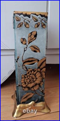 Vase Art Nouveau verre givré décor Fleur doré bleu gravé a l'acide Baccarat 26cm