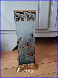 Vase Art Nouveau verre givré décor Fleur doré bleu gravé a l'acide Baccarat 26cm