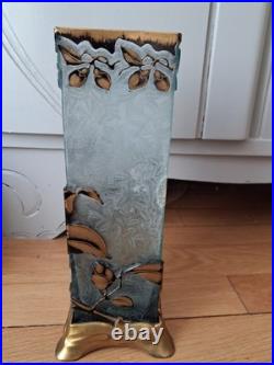 Vase Art Nouveau verre givré décor Fleur doré bleu gravé a l'acide Baccarat 26cm