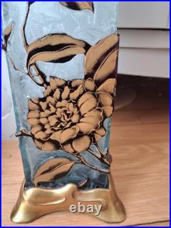 Vase Art Nouveau verre givré décor Fleur doré bleu gravé a l'acide Baccarat 26cm