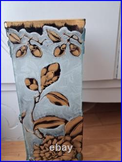 Vase Art Nouveau verre givré décor Fleur doré bleu gravé a l'acide Baccarat 26cm