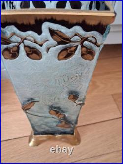 Vase Art Nouveau verre givré décor Fleur doré bleu gravé a l'acide Baccarat 26cm