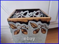 Vase Art Nouveau verre givré décor Fleur doré bleu gravé a l'acide Baccarat 26cm