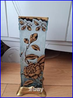 Vase Art Nouveau verre givré décor Fleur doré bleu gravé a l'acide Baccarat 26cm