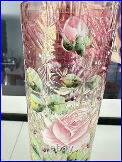 Vase Art Nouveau verre violet émaillé fleurs ROSES LEGRAS