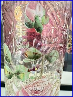 Vase Art Nouveau verre violet émaillé fleurs ROSES LEGRAS
