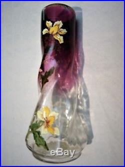 Vase Art Nouveau violine et Or, émaillé LEGRAS fleurs + graminées