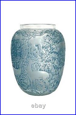 Vase Biches Patiné Bleu René Lalique R. Lalique Blue Stained Glass Deers