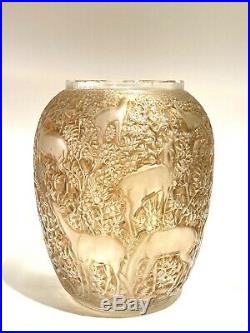 Vase Biches Patiné Sepia Rene Lalique R. Lalique Brown Stained Glass Vase Deers