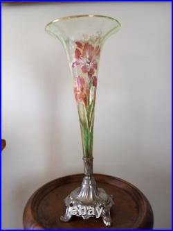 Vase Cornet Dégagé à L'acide Décor Iris Émaillé Polychrome LEGRAS vers 1900 Rare