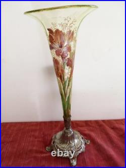 Vase Cornet Dégagé à L'acide Décor Iris Émaillé Polychrome LEGRAS vers 1900 Rare