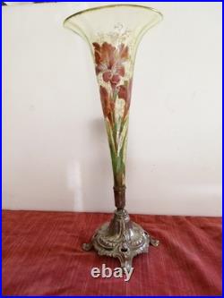 Vase Cornet Dégagé à L'acide Décor Iris Émaillé Polychrome LEGRAS vers 1900 Rare