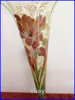 Vase Cornet Dégagé à L'acide Décor Iris Émaillé Polychrome LEGRAS vers 1900 Rare