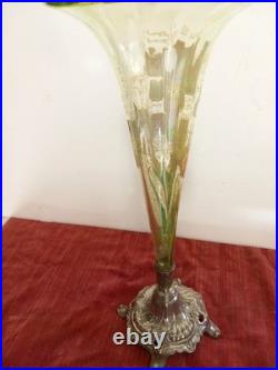 Vase Cornet Dégagé à L'acide Décor Iris Émaillé Polychrome LEGRAS vers 1900 Rare