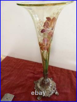 Vase Cornet Dégagé à L'acide Décor Iris Émaillé Polychrome LEGRAS vers 1900 Rare