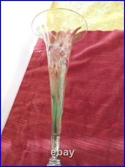 Vase Cornet Dégagé à L'acide Décor Iris Émaillé Polychrome LEGRAS vers 1900 Rare