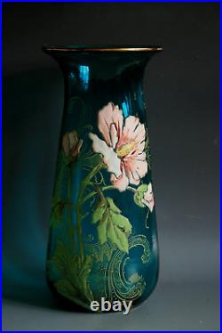 Vase En Verre Émail Art Nouveau Ancien Vers 1900