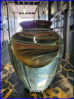 Vase En Verre Soufflé Contemporain Pailleté Or Verrier Signé Jean Claude Novaro