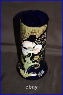 Vase LEGRAS Fond bleu émaillé de pavot/frise