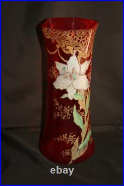 Vase LEGRAS Fond rouge émaillé de Lys/frise