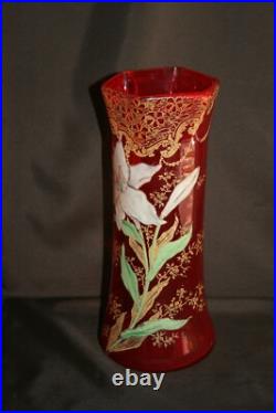 Vase LEGRAS Fond rouge émaillé de Lys/frise