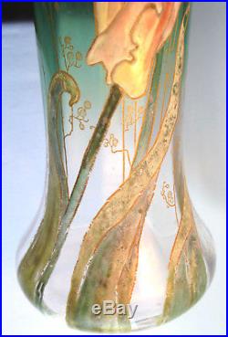 Vase Lamartine vert dégradé, émaillé Legras Montjoye Tulipes perroquet