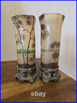 Vase Legras Lacustre En Verre Emaille Decor Lac Paysage Non Signe