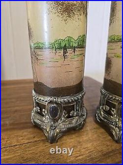 Vase Legras Lacustre En Verre Emaille Decor Lac Paysage Non Signe