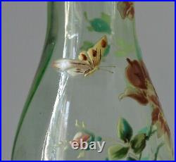 Vase Legras fleurs d'églantine et papillon col travaillé à chaud era daum 1900