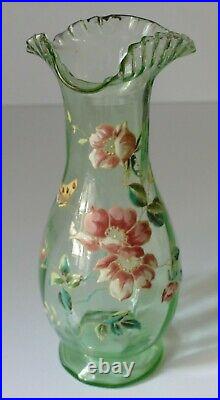 Vase Legras fleurs d'églantine et papillon col travaillé à chaud era daum 1900