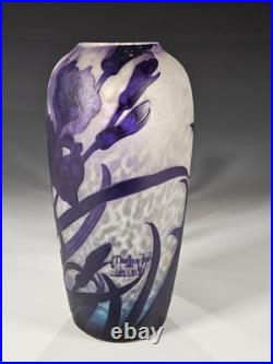 Vase Muller Frères Lunéville Iris violets Verre camé dégagé à l'acide 24 cm