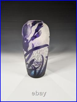 Vase Muller Frères Lunéville Iris violets Verre camé dégagé à l'acide 24 cm