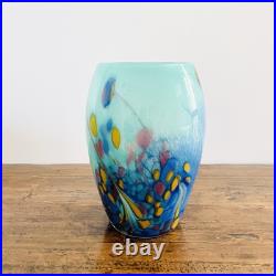 Vase Murano en verre soufflé Dégradé de bleu avec taches jaune et rouge XXe