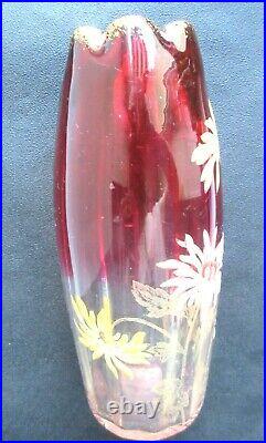Vase Olga verre rouge dégradé émaillé Legras, Les Tokyos feuillage guilloché or