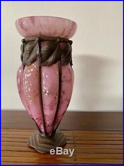 Vase Pate De Verre & Fer Forge Art Deco Andre Delatte Comme Daum Nancy Majorelle