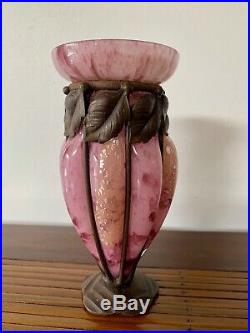 Vase Pate De Verre & Fer Forge Art Deco Andre Delatte Comme Daum Nancy Majorelle