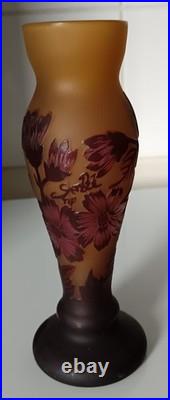 Vase Pâte de Verre Gravé à l'Acide Signé Gallé Tip Décor Foral Haut 20 cm