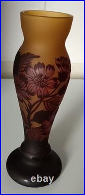 Vase Pâte de Verre Gravé à l'Acide Signé Gallé Tip Décor Foral Haut 20 cm