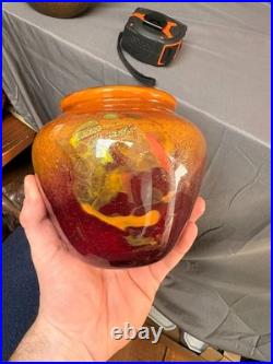 Vase Pot Pate Verre Soufflé Rouge Orange Laqué Marmoréen Signé Daté Art Déco