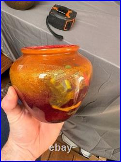 Vase Pot Pate Verre Soufflé Rouge Orange Laqué Marmoréen Signé Daté Art Déco