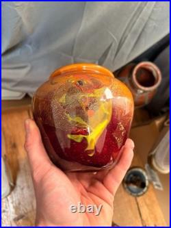 Vase Pot Pate Verre Soufflé Rouge Orange Laqué Marmoréen Signé Daté Art Déco