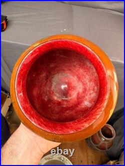 Vase Pot Pate Verre Soufflé Rouge Orange Laqué Marmoréen Signé Daté Art Déco