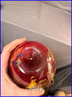 Vase Pot Pate Verre Soufflé Rouge Orange Laqué Marmoréen Signé Daté Art Déco