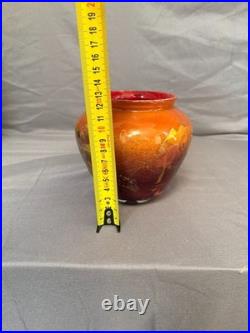 Vase Pot Pate Verre Soufflé Rouge Orange Laqué Marmoréen Signé Daté Art Déco