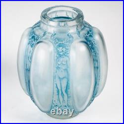 Vase Six Figurines Masques Patine Bleu René Lalique R. Lalique Blue Stained Glass