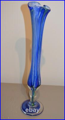 Vase Soliflore Signé Raphael Farinelli Biot Verre Bleu Soufflé Epais
