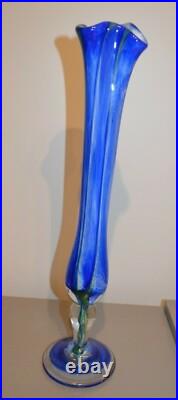 Vase Soliflore Signé Raphael Farinelli Biot Verre Bleu Soufflé Epais