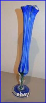 Vase Soliflore Signé Raphael Farinelli Biot Verre Bleu Soufflé Epais