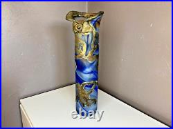 Vase Soliflore en Pate de Verre Signé Ornement métal doré Art Nouveau 35 cm