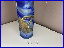 Vase Soliflore en Pate de Verre Signé Ornement métal doré Art Nouveau 35 cm